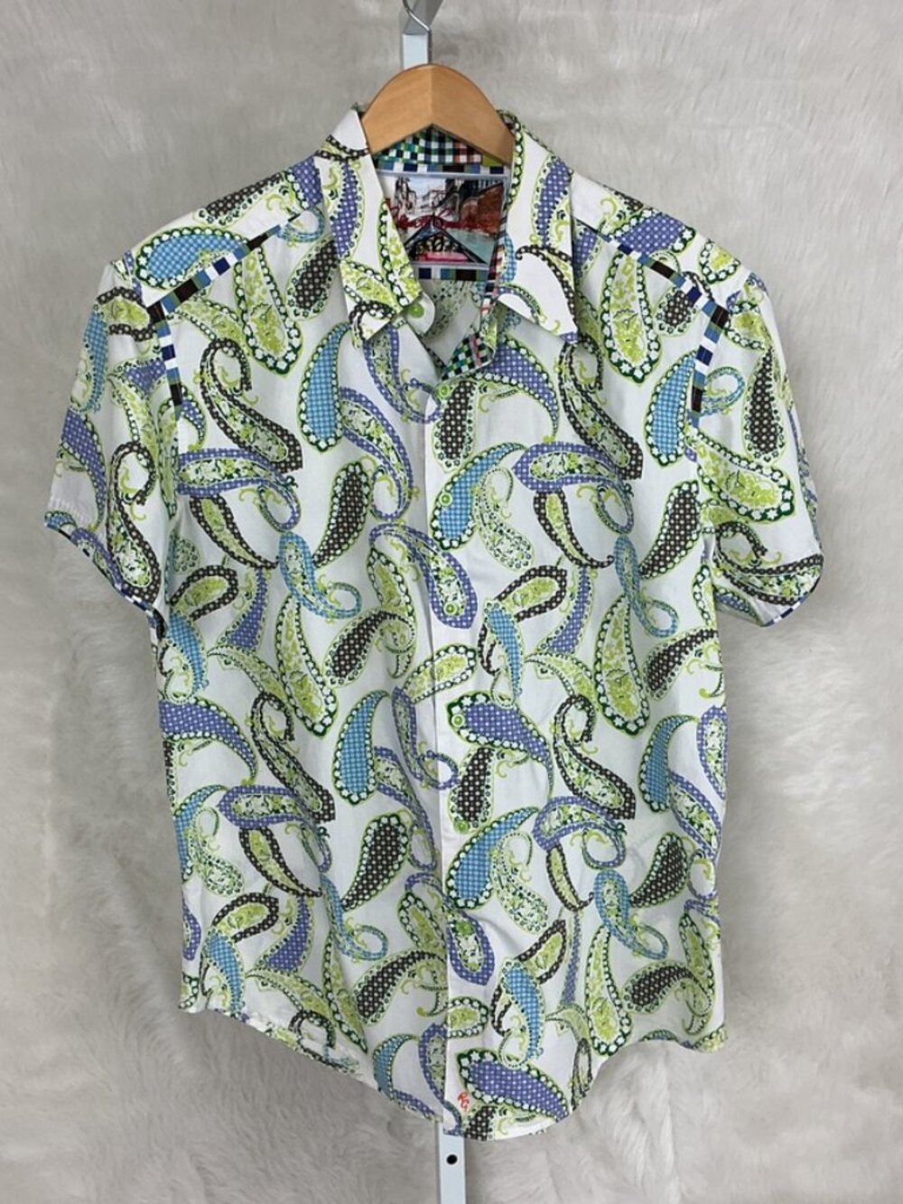 Robert Graham Short Sleeve Blue Green Pink Ivory Paisley Tailored Fit Shirt 2XL